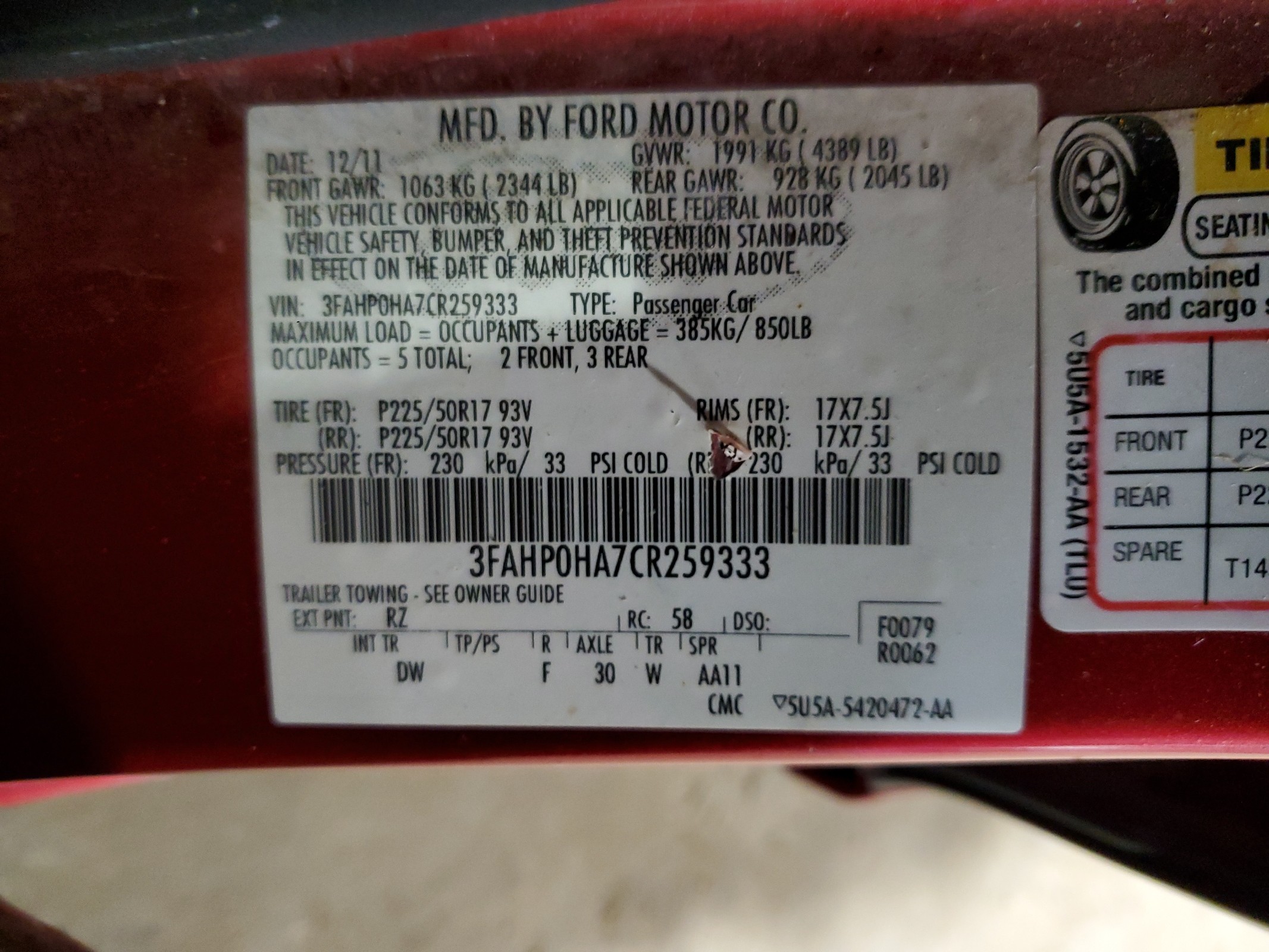 3FAHP0HA7CR259333 2012 Ford Fusion Se