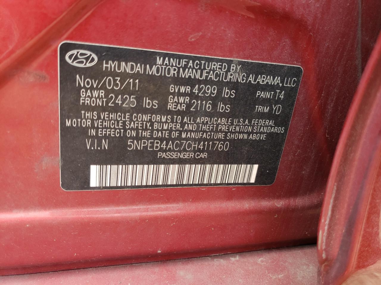 2012 Hyundai Sonata Gls VIN: 5NPEB4AC7CH411760 Lot: 53474174