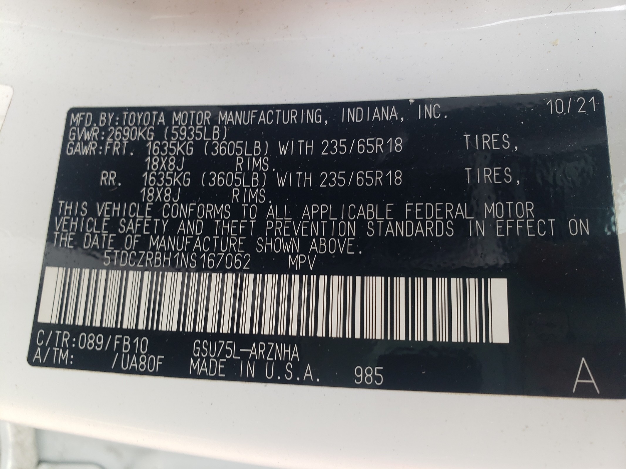 5TDCZRBH1NS167062 2022 Toyota Highlander L