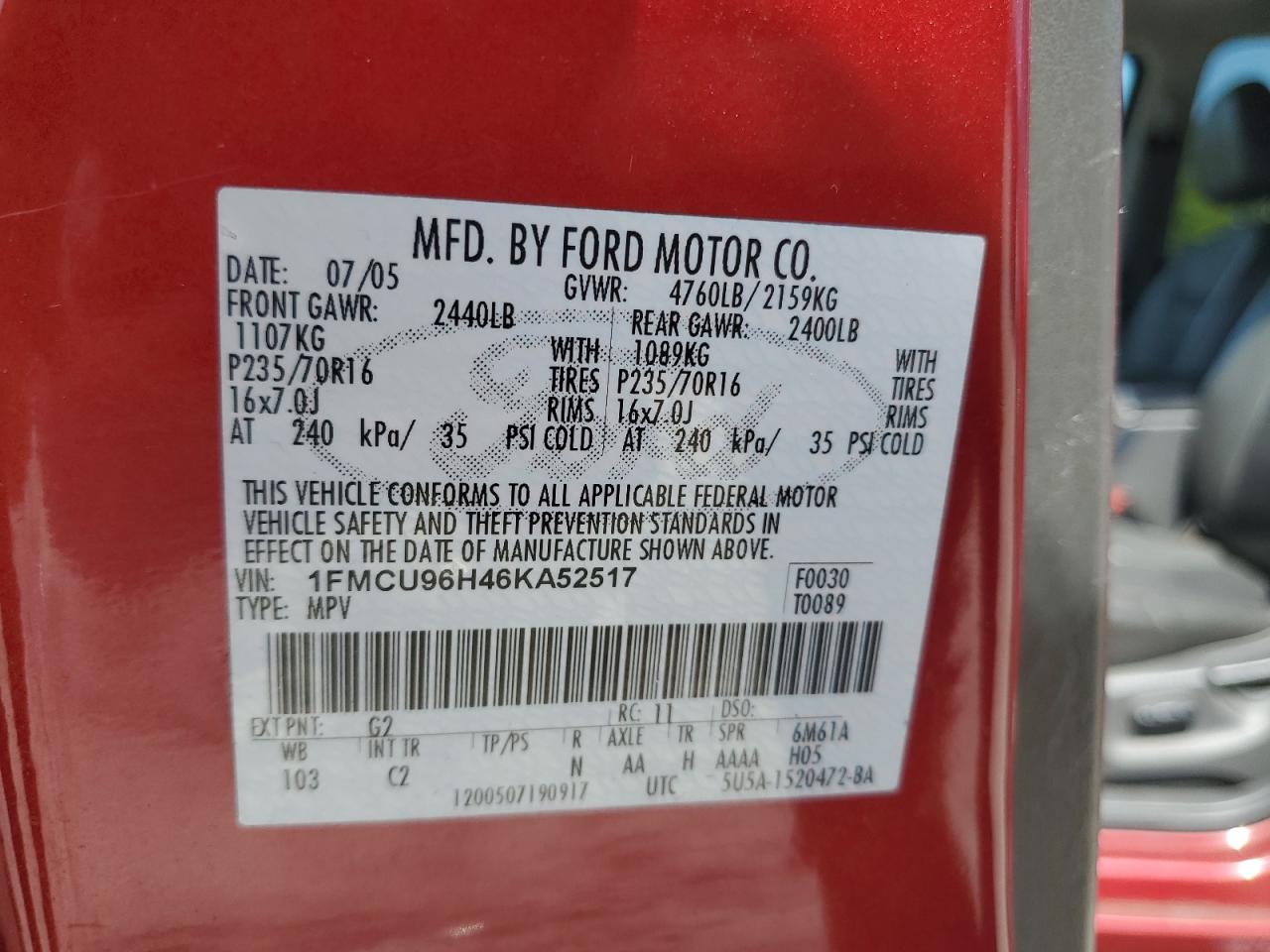 2006 Ford Escape Hev VIN: 1FMCU96H46KA52517 Lot: 54620884