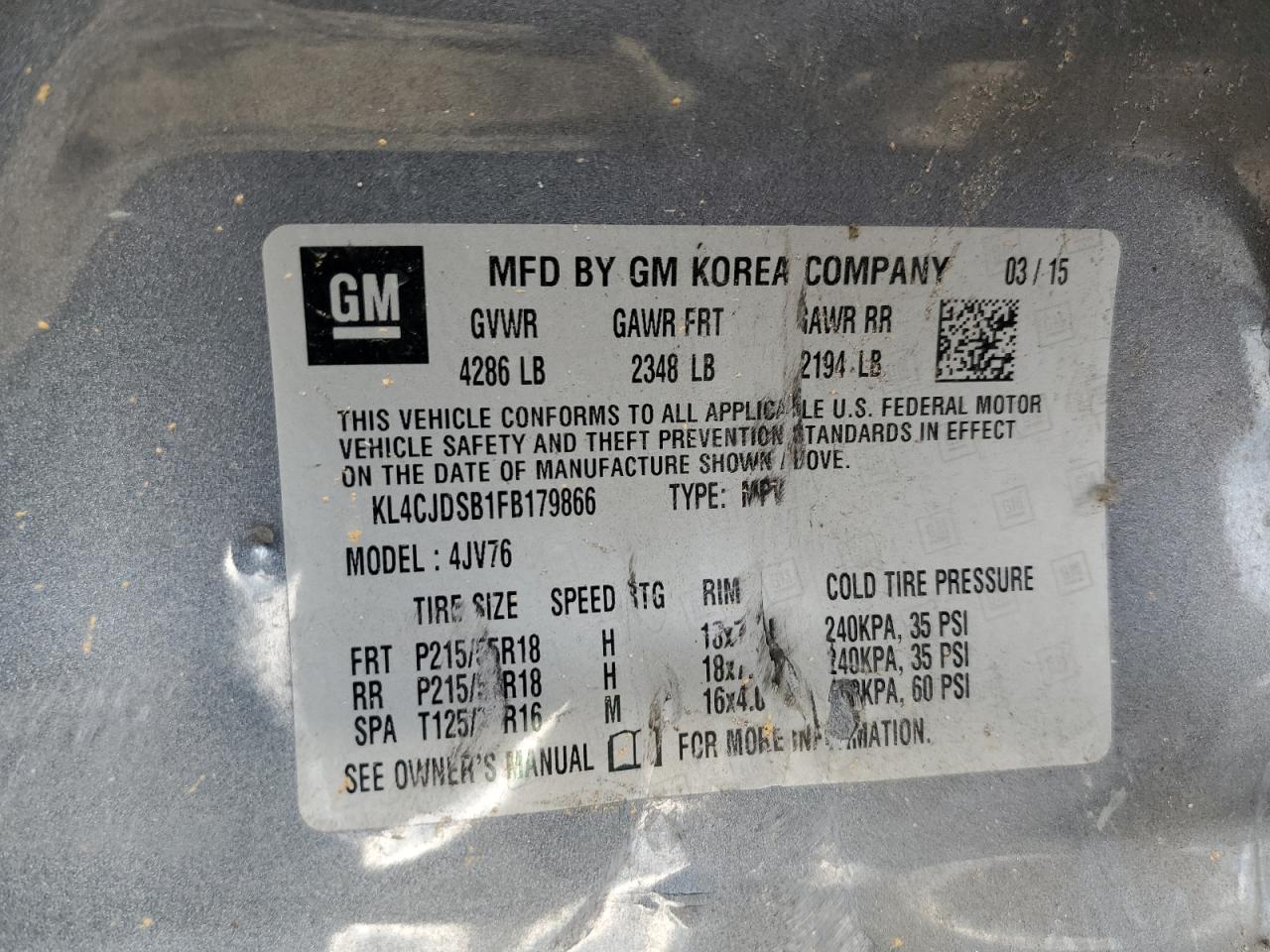 2015 Buick Encore Premium VIN: KL4CJDSB1FB179866 Lot: 53471504