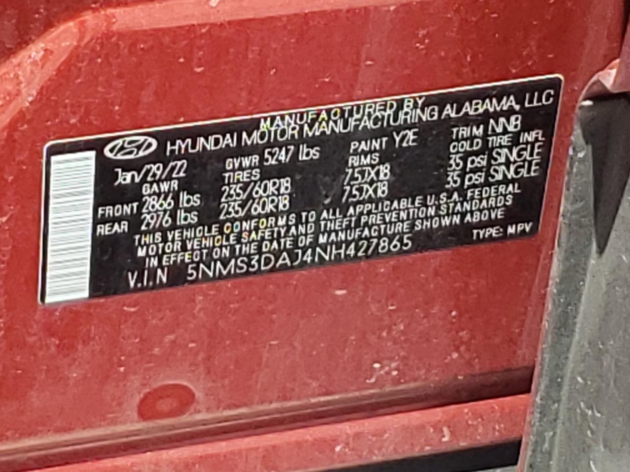 2022 Hyundai Santa Fe Sel VIN: 5NMS3DAJ4NH427865 Lot: 56842714