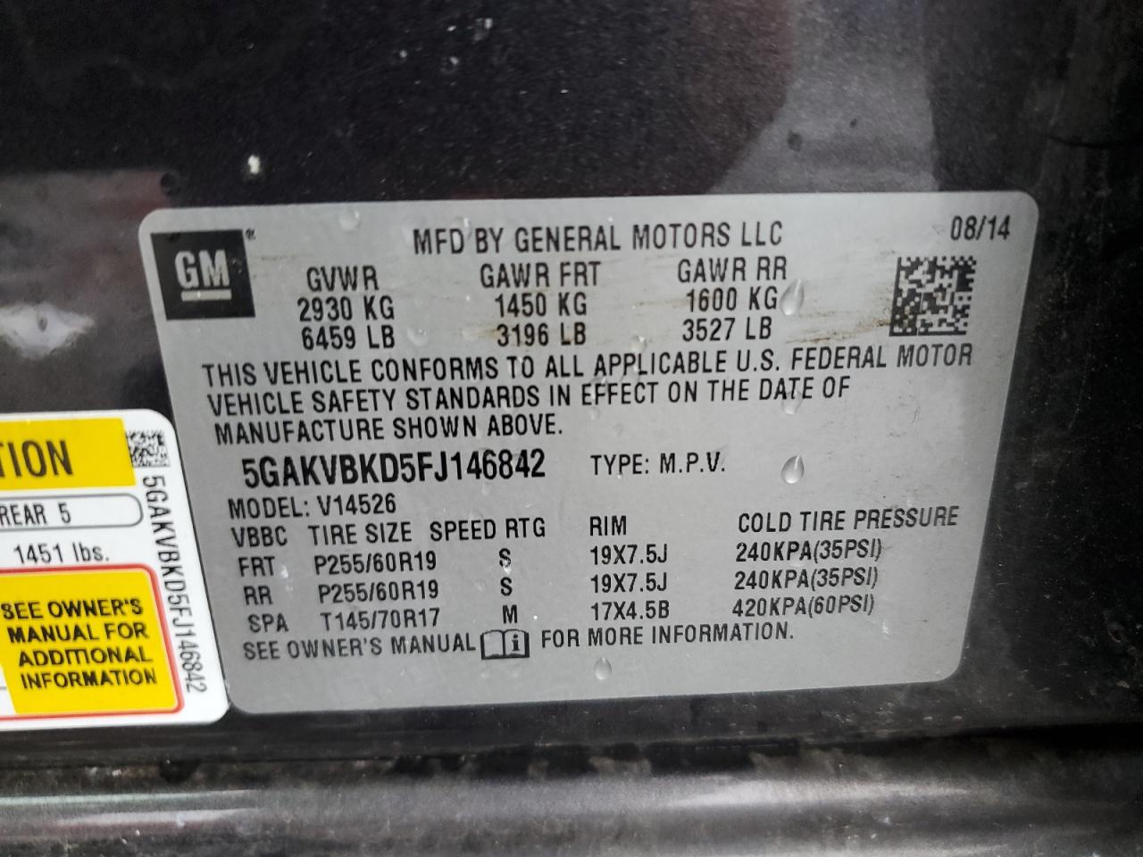 2015 Buick Enclave VIN: 5GAKVBKD5FJ146842 Lot: 55135404