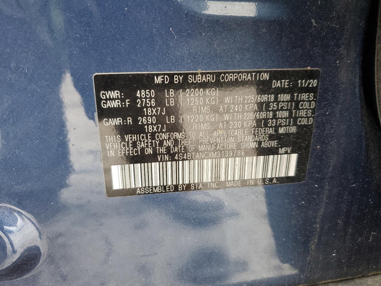 2021 Subaru Outback Limited VIN: 4S4BTANCXM3139786 Lot: 55295264