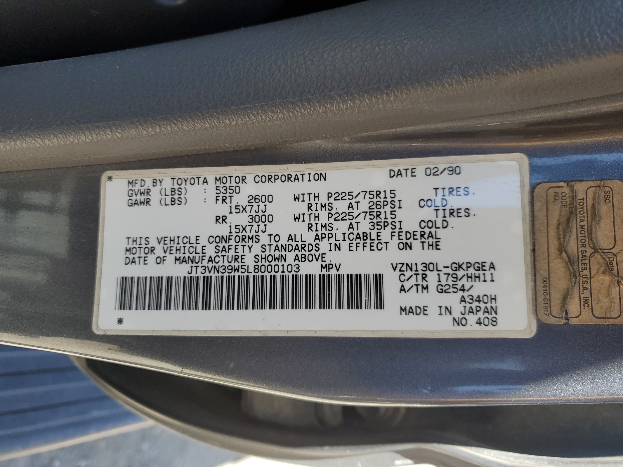 JT3VN39W5L8000103 1990 Toyota 4Runner Vn39 Sr5