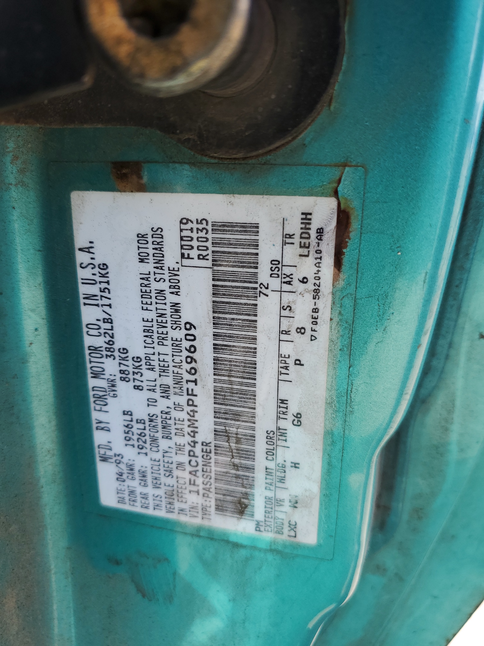 1FACP44M4PF169609 1993 Ford Mustang Lx