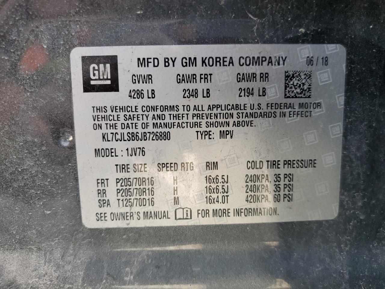 2018 Chevrolet Trax 1Lt VIN: KL7CJLSB6JB726880 Lot: 56204304