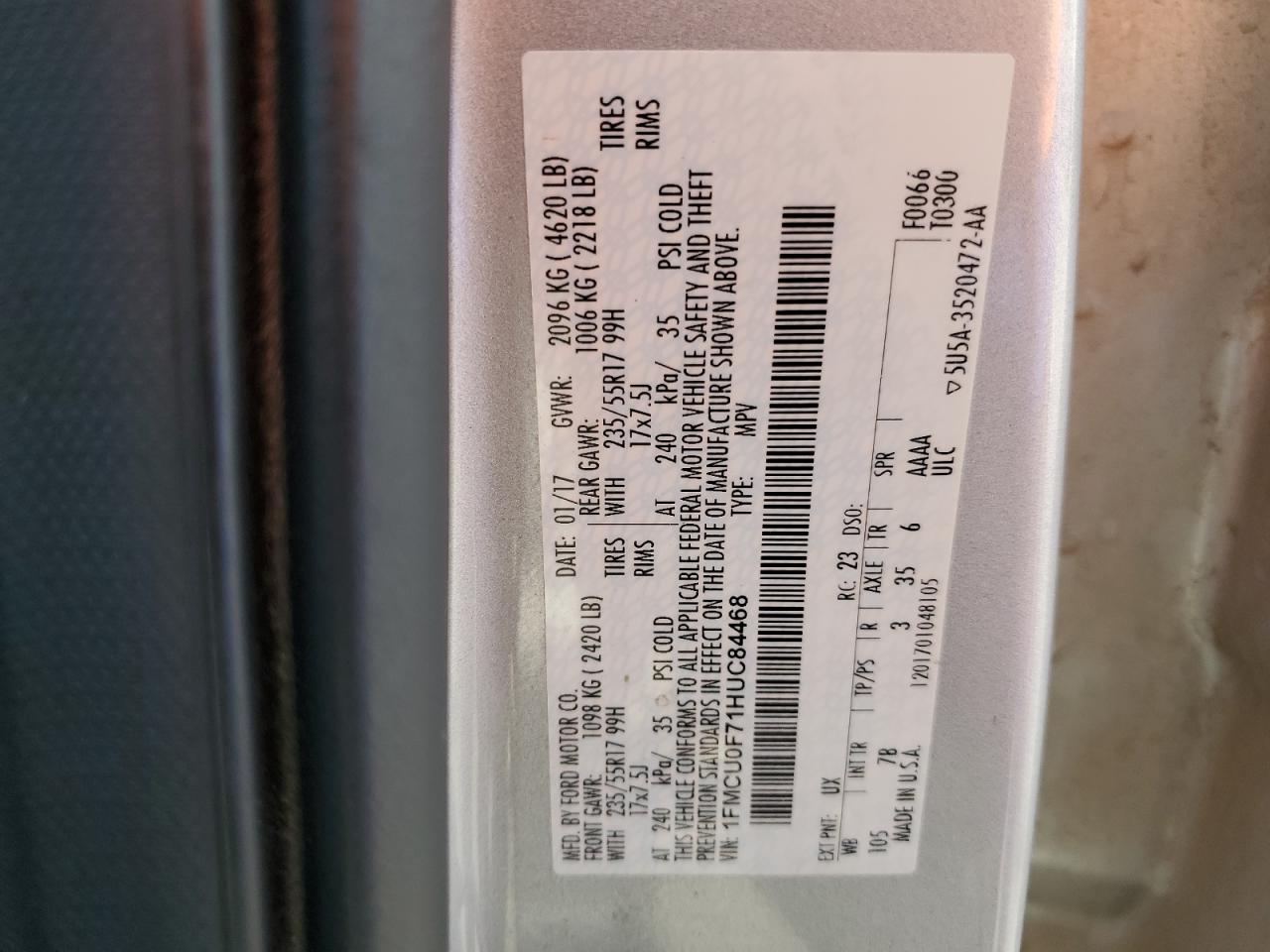 2017 Ford Escape S VIN: 1FMCU0F71HUC84468 Lot: 56245574