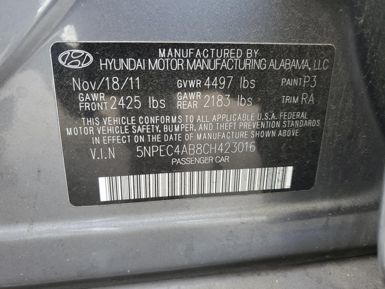 5NPEC4AB8CH423016 2012 Hyundai Sonata Se