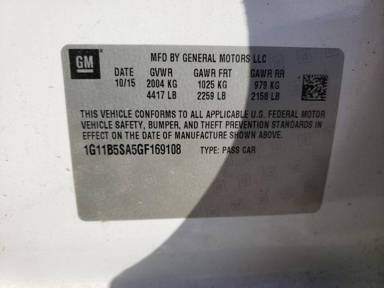 2016 Chevrolet Malibu Limited Ls VIN: 1G11B5SA5GF169108 Lot: 53038014