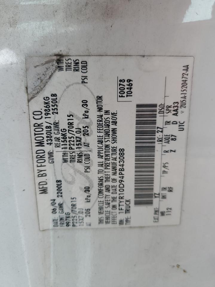 2004 Ford Ranger VIN: 1FTYR10D94PB43088 Lot: 56901994