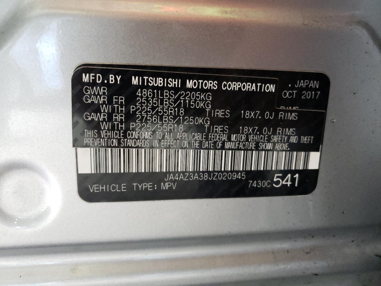 2018 Mitsubishi Outlander Se VIN: JA4AZ3A38JZ020945 Lot: 55124574