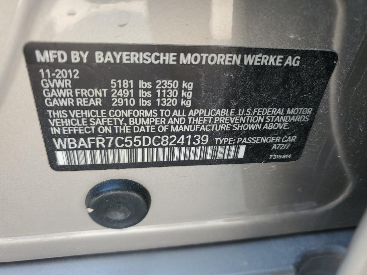 2013 BMW 535 I VIN: WBAFR7C55DC824139 Lot: 56203274