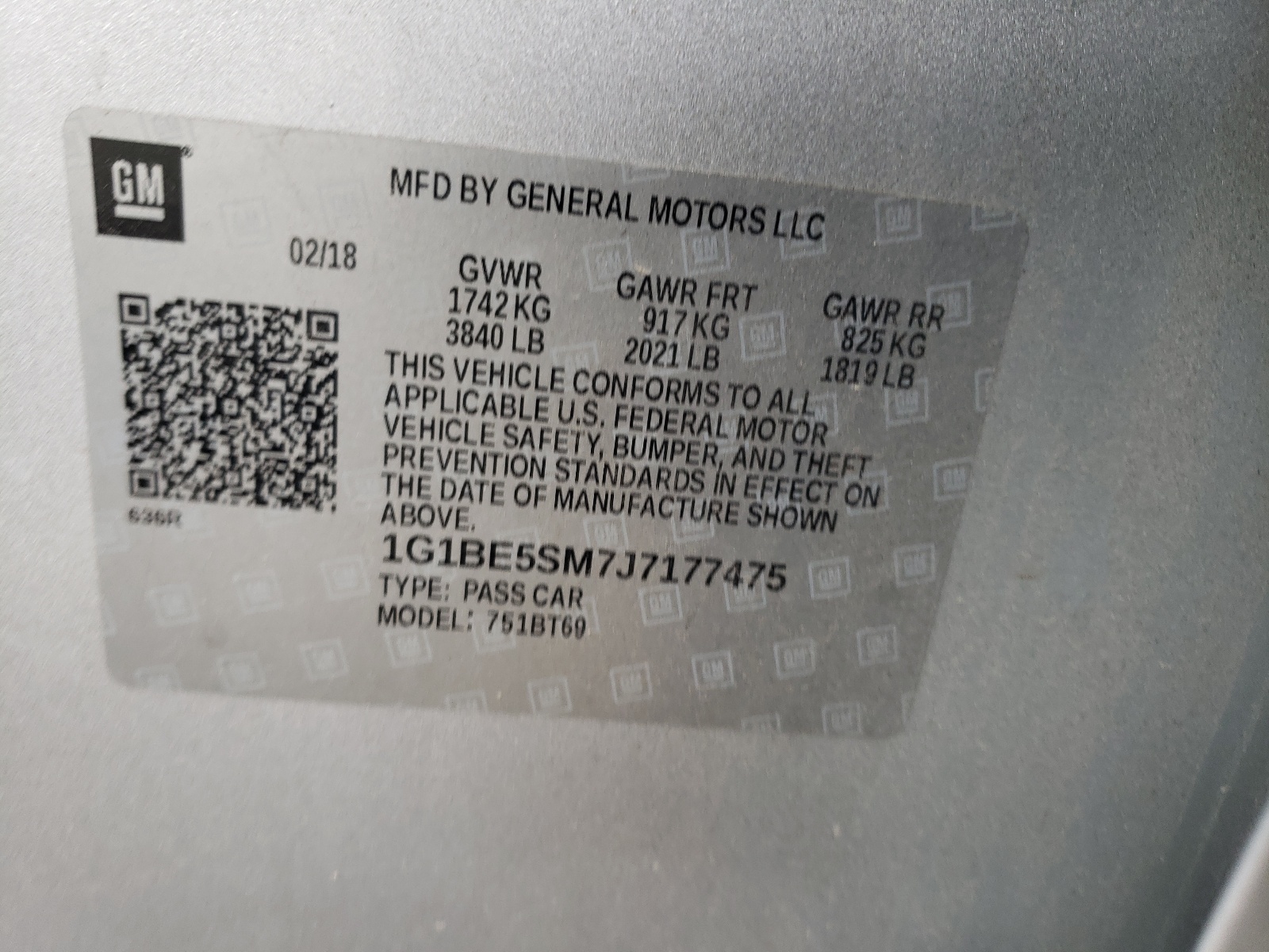 1G1BE5SM7J7177475 2018 Chevrolet Cruze Lt