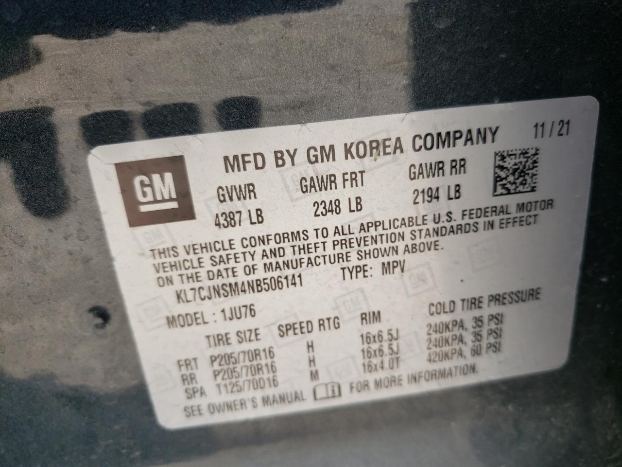 2022 Chevrolet Trax Ls VIN: KL7CJNSM4NB506141 Lot: 55359294