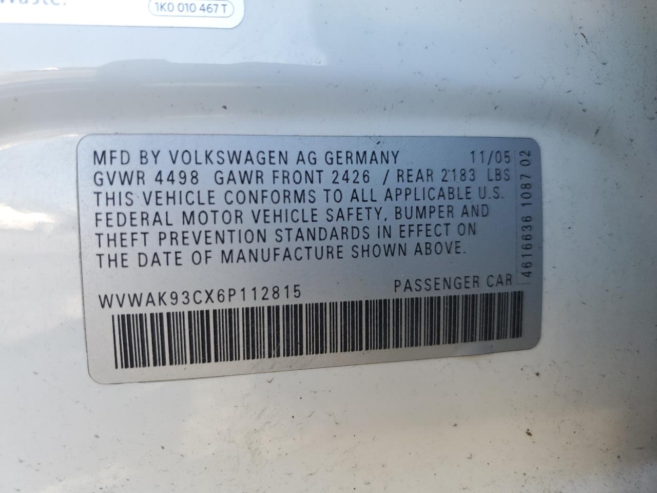 2006 Volkswagen Passat 2.0T VIN: WVWAK93CX6P112815 Lot: 56460634