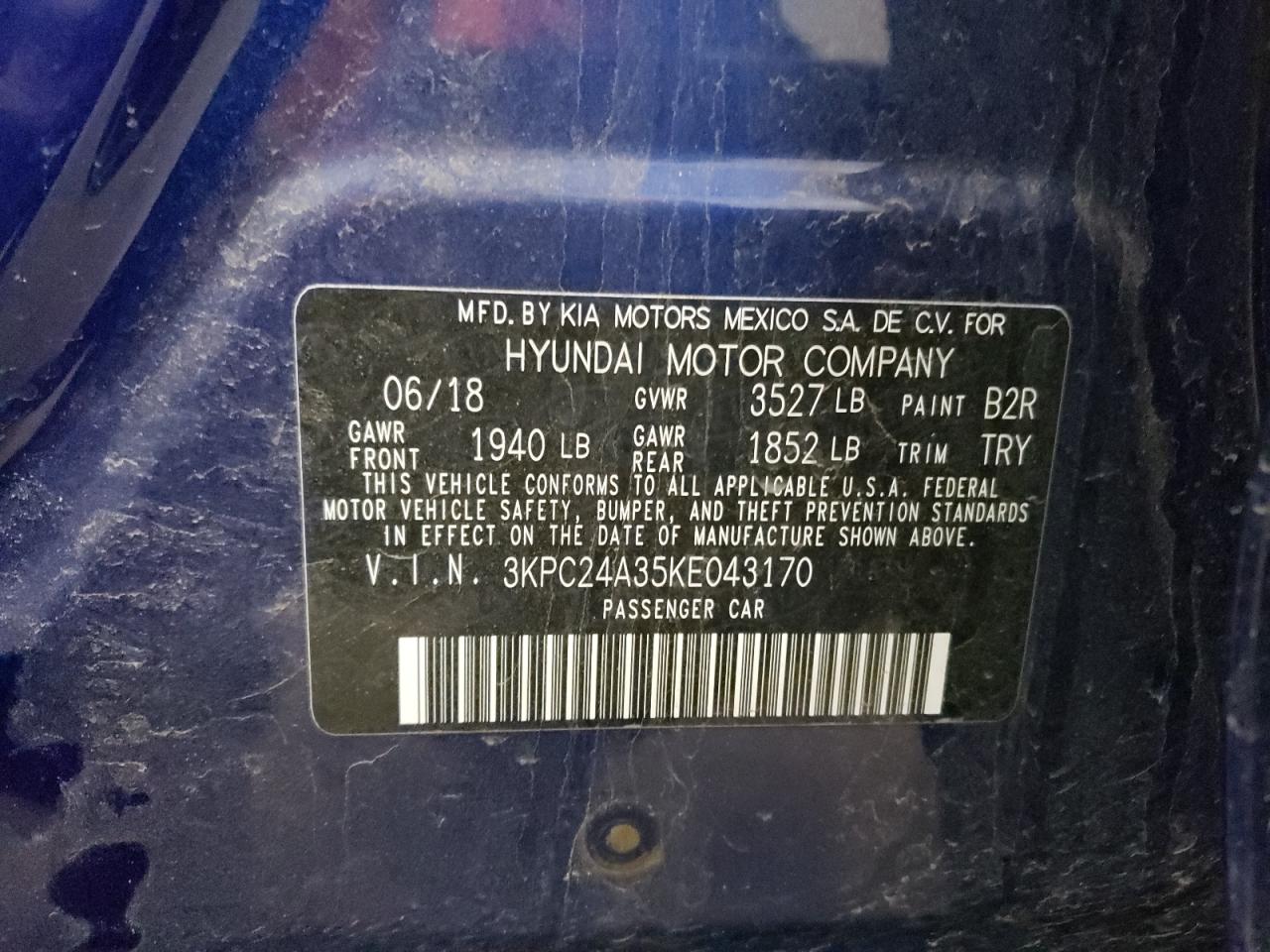 2019 Hyundai Accent Se VIN: 3KPC24A35KE043170 Lot: 55635004