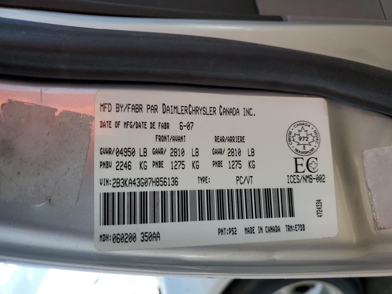 2007 Dodge Charger Se VIN: 2B3KA43G07H856136 Lot: 54780314