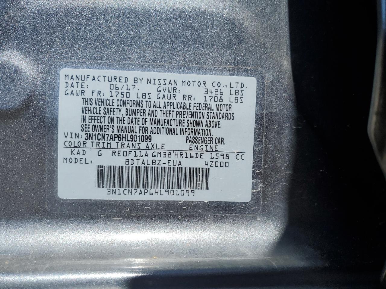 2017 Nissan Versa S VIN: 3N1CN7AP6HL901099 Lot: 54207424