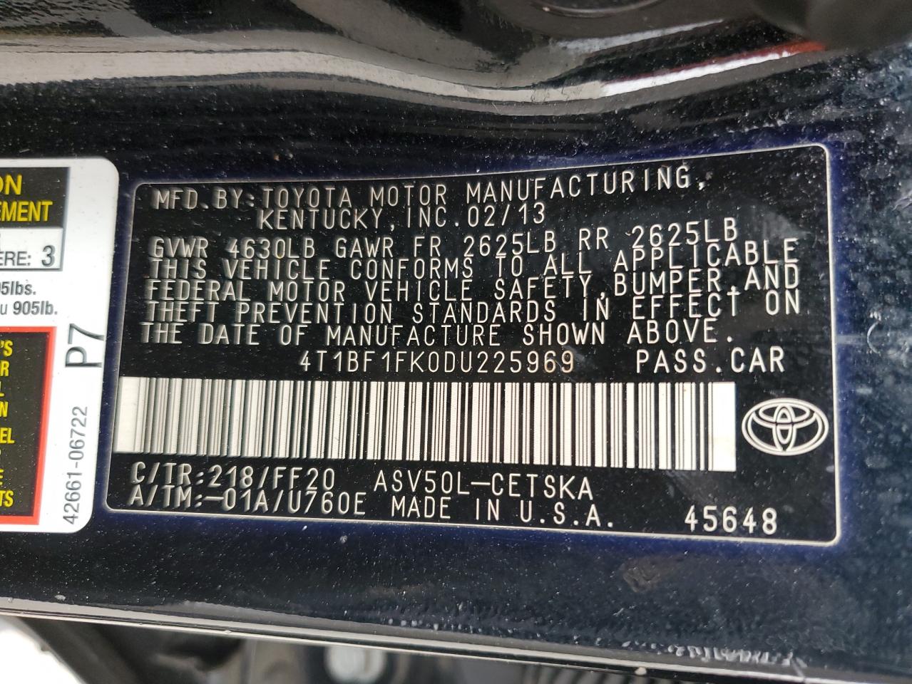 2013 Toyota Camry L VIN: 4T1BF1FK0DU225969 Lot: 52858434