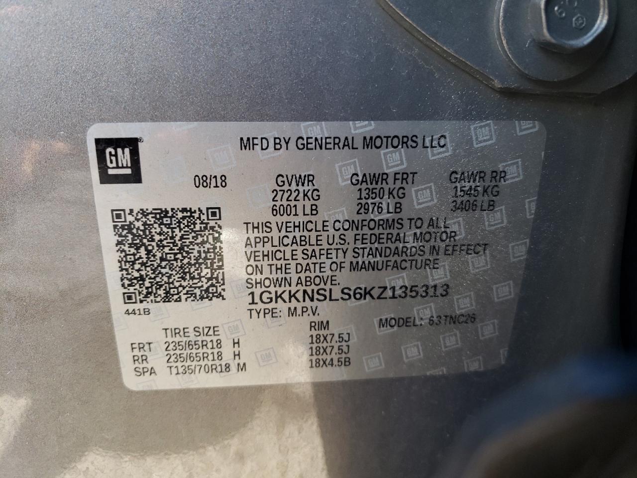 1GKKNSLS6KZ135313 2019 GMC Acadia Sle