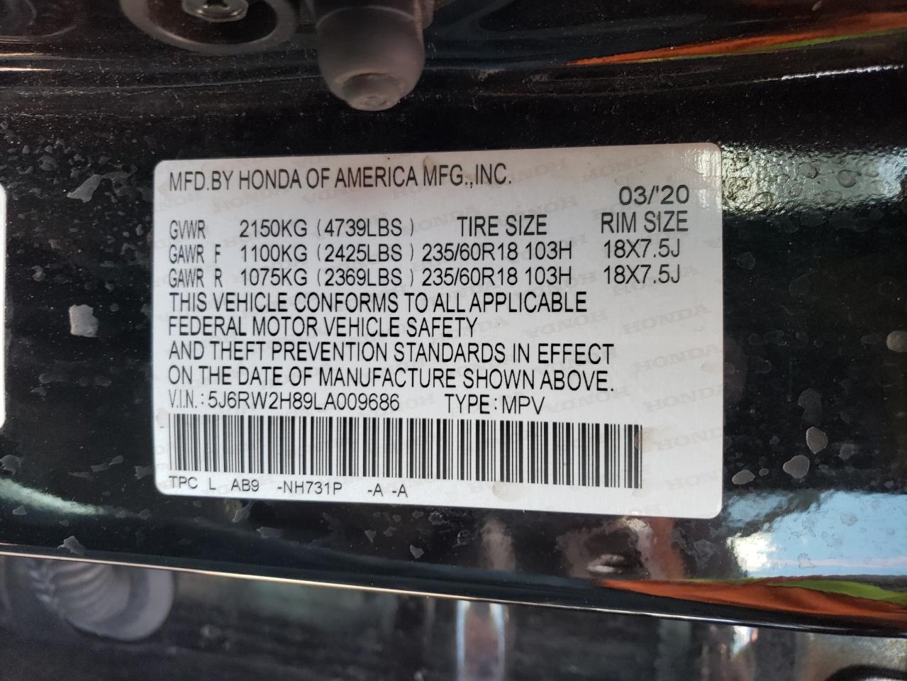 2020 Honda Cr-V Exl VIN: 5J6RW2H89LA009686 Lot: 54037594