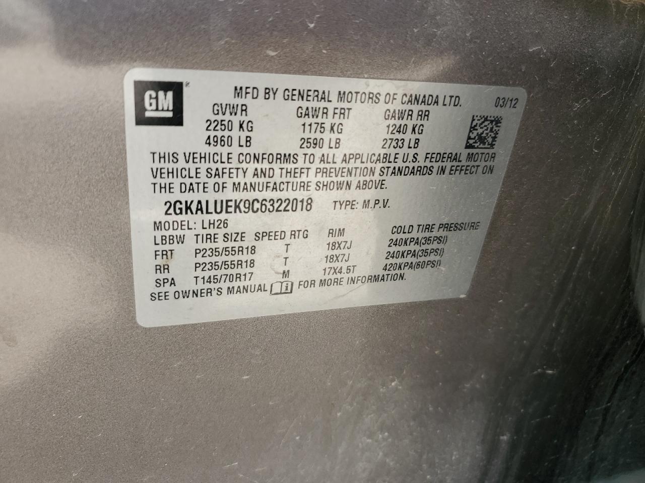 2012 GMC Terrain Slt VIN: 2GKALUEK9C6322018 Lot: 55414664