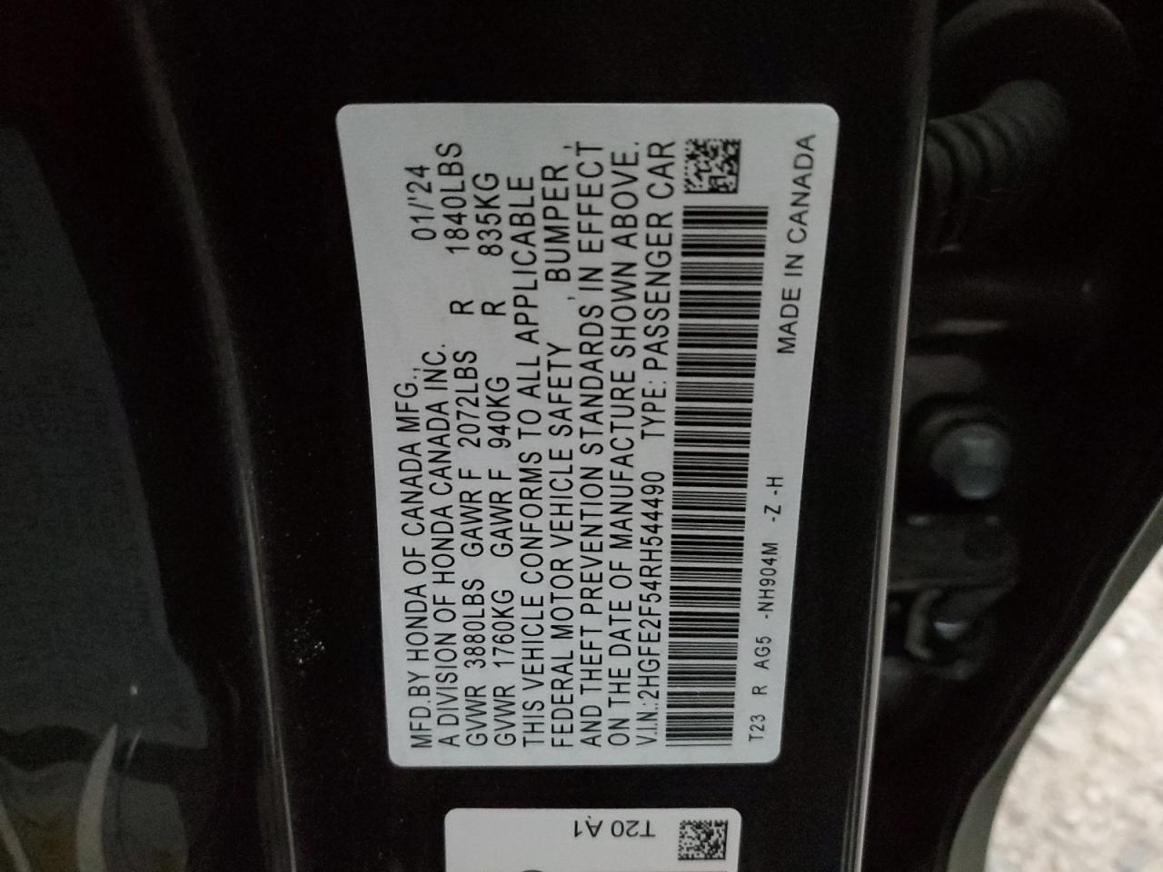 2024 Honda Civic Sport VIN: 2HGFE2F54RH544490 Lot: 55294534