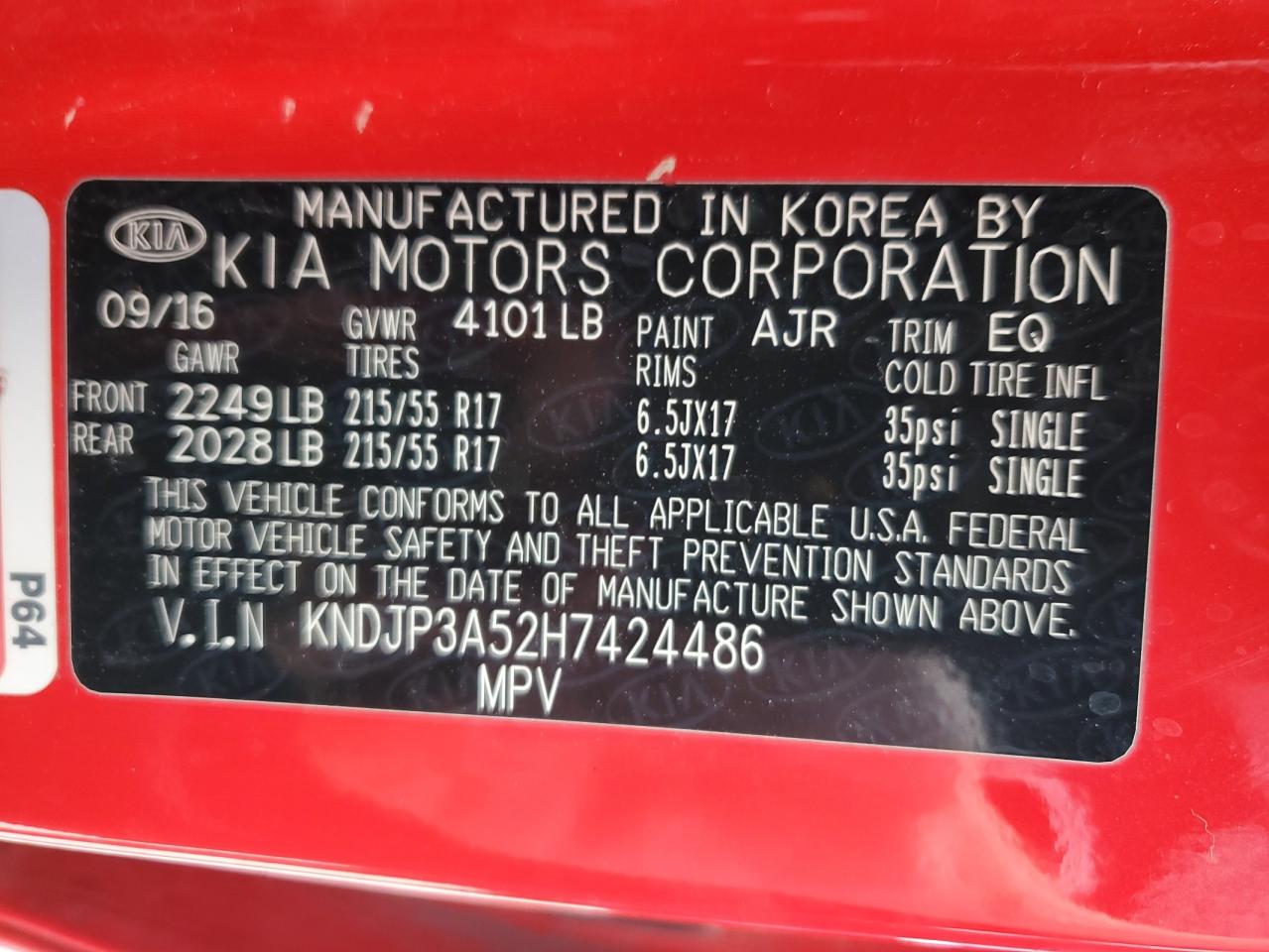 2017 Kia Soul + VIN: KNDJP3A52H7424486 Lot: 56582434