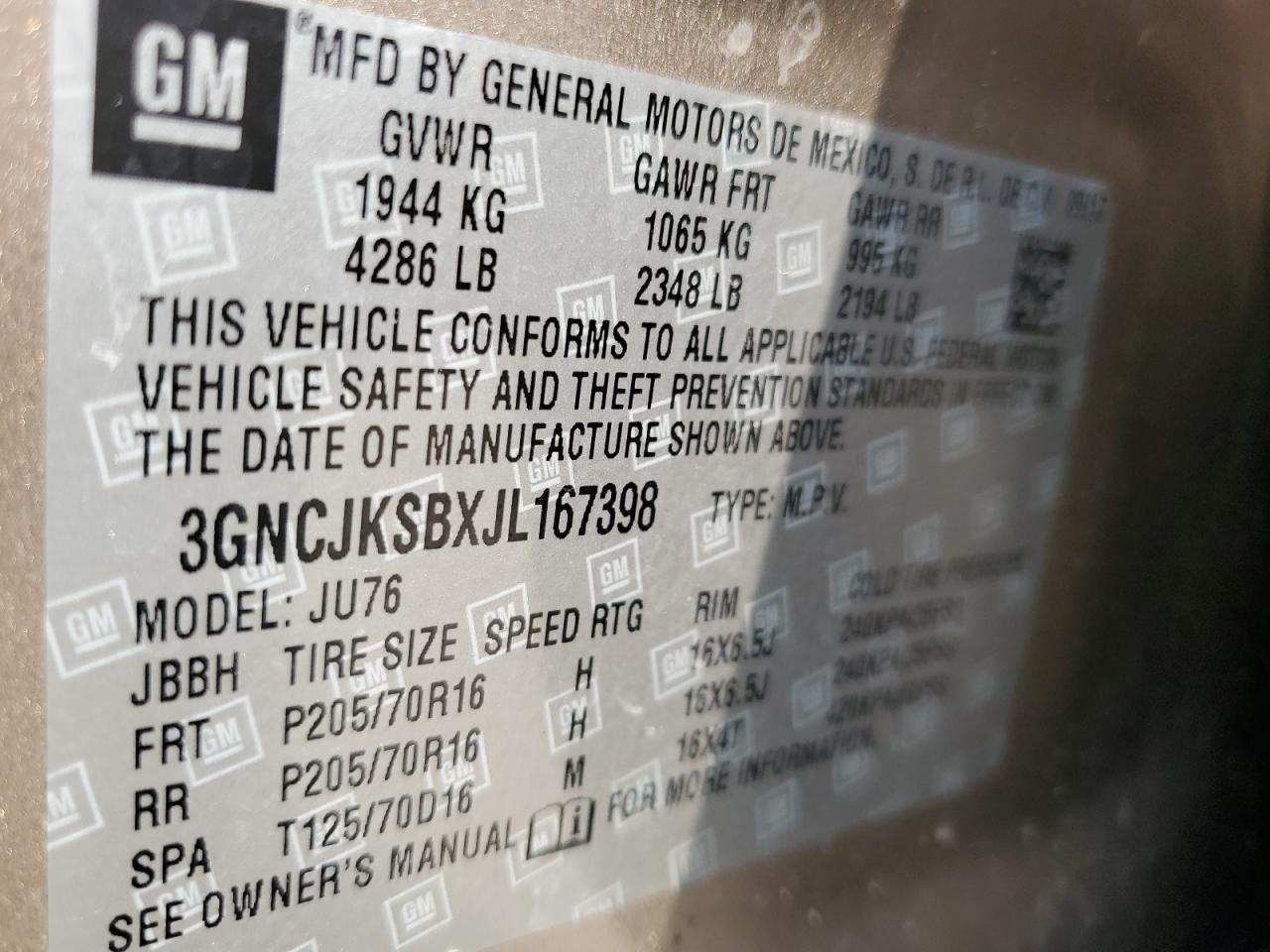 2018 Chevrolet Trax Ls VIN: 3GNCJKSBXJL167398 Lot: 55948544