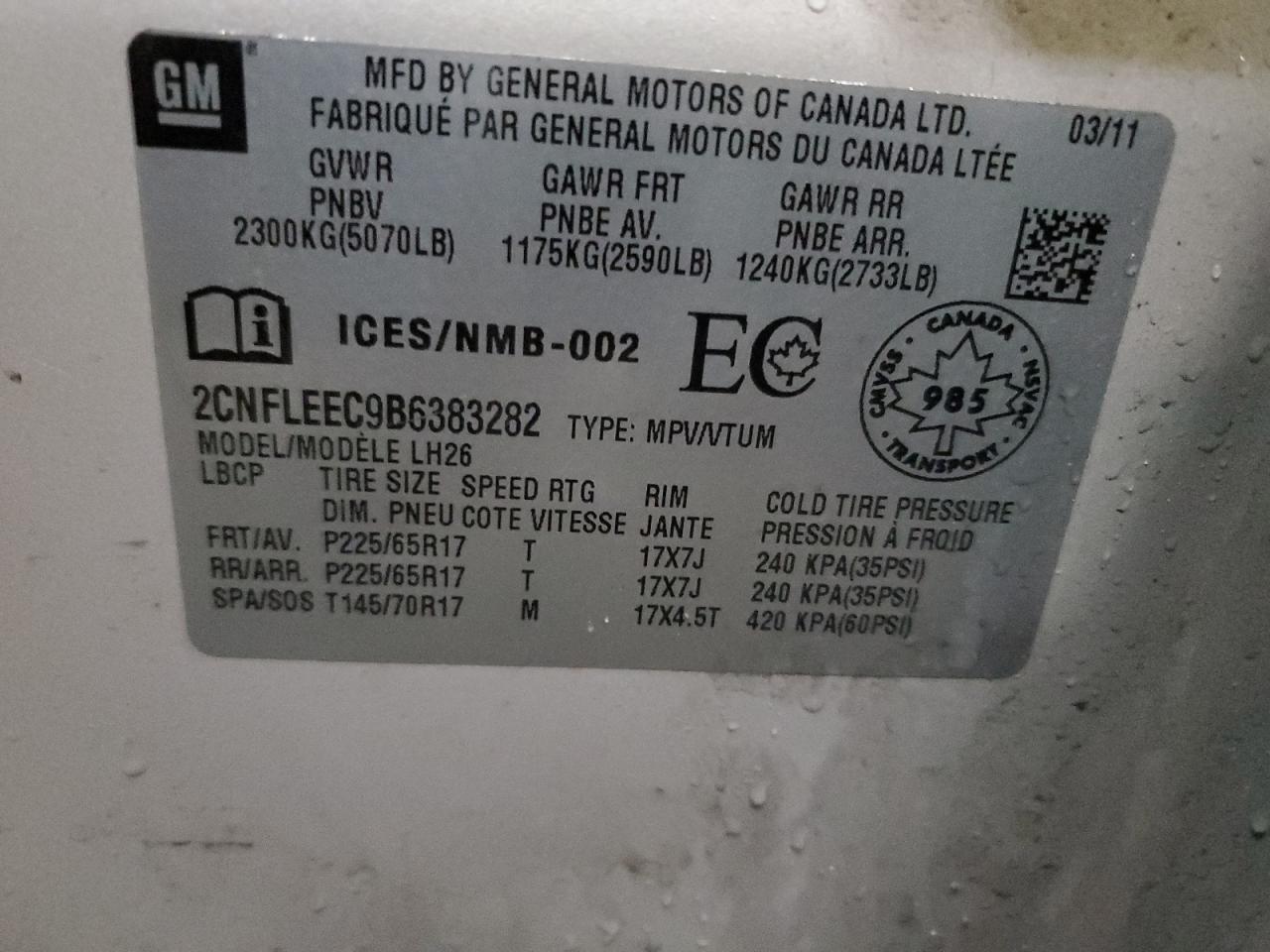 2CNFLEEC9B6383282 2011 Chevrolet Equinox Lt