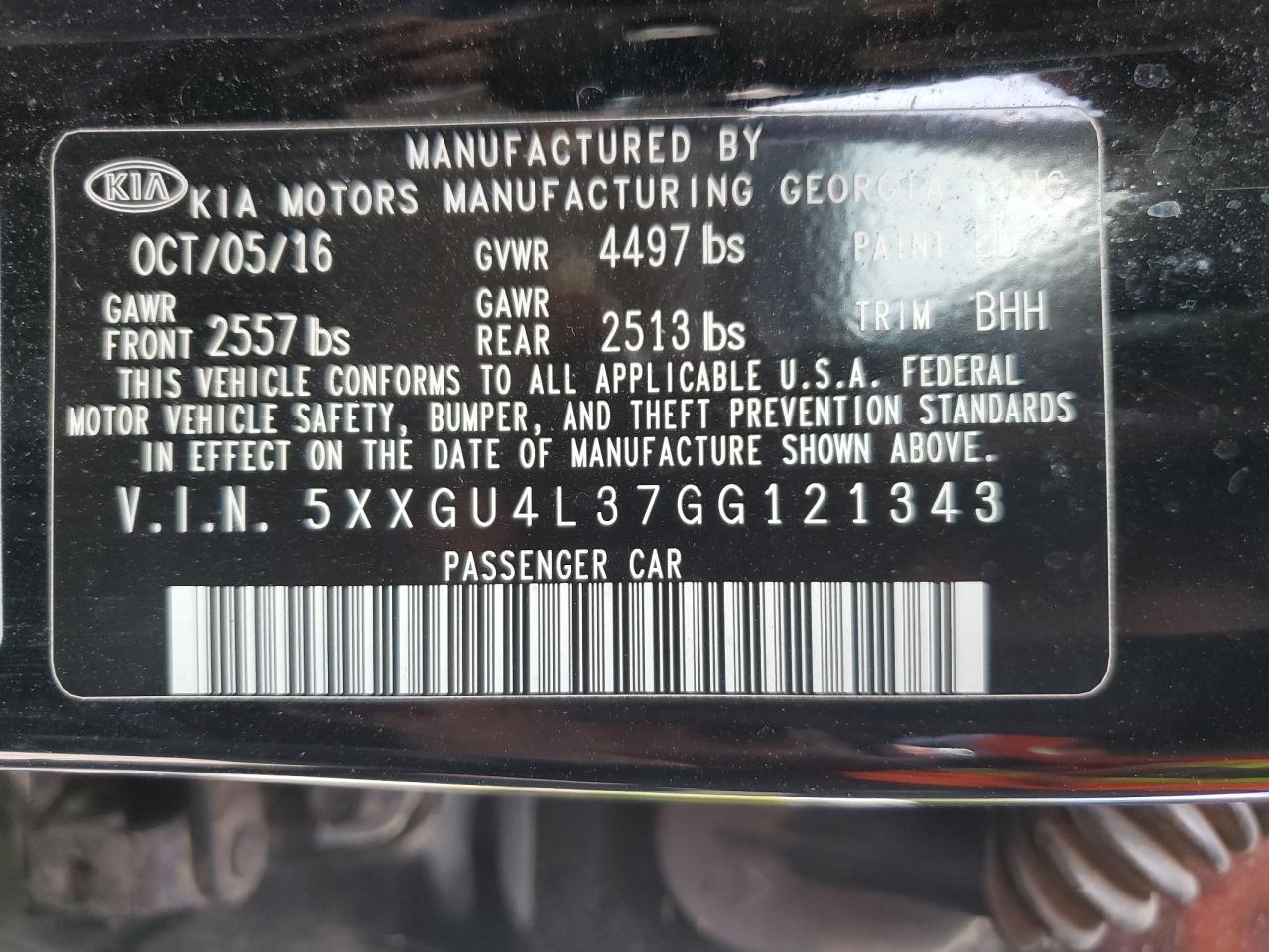 5XXGU4L37GG121343 2016 Kia Optima Ex