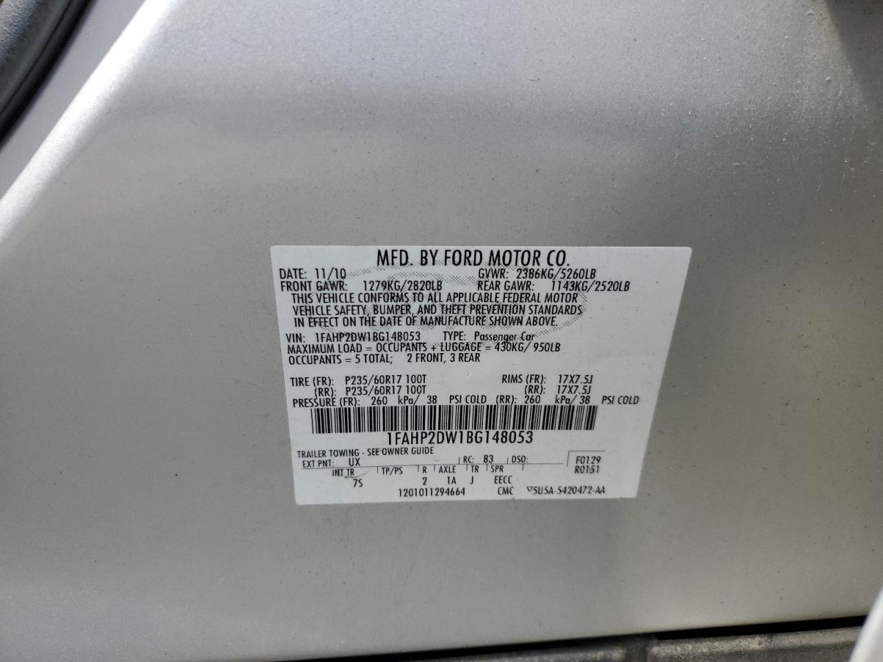 1FAHP2DW1BG148053 2011 Ford Taurus Se