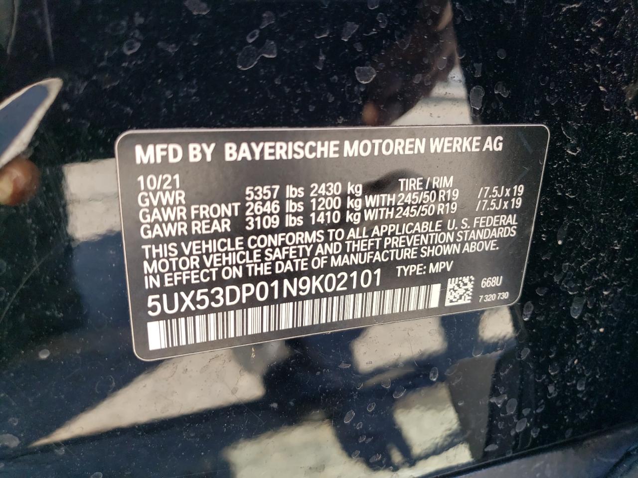 2022 BMW X3 xDrive30I VIN: 5UX53DP01N9K02101 Lot: 54371854