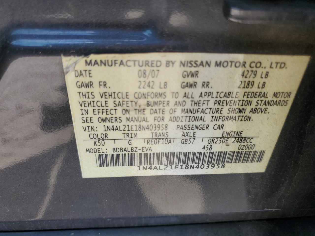 2008 Nissan Altima 2.5 VIN: 1N4AL21E18N403958 Lot: 86627724