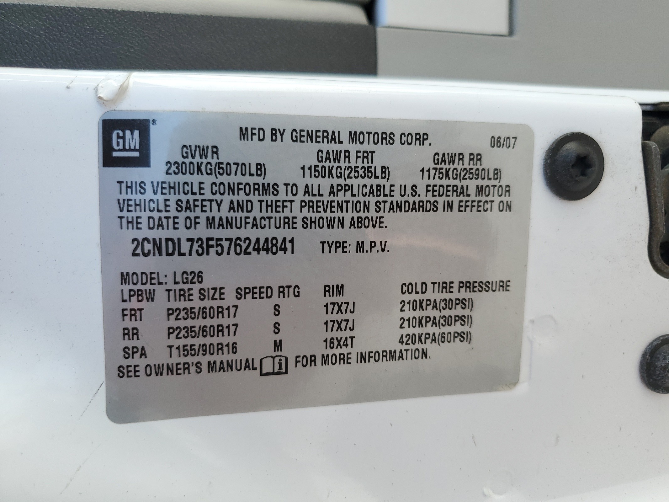 2CNDL73F576244841 2007 Chevrolet Equinox Lt