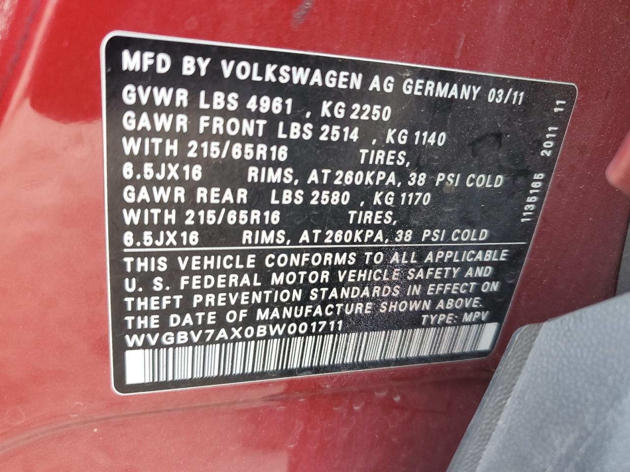 2011 Volkswagen Tiguan S VIN: WVGBV7AX0BW001711 Lot: 55343714