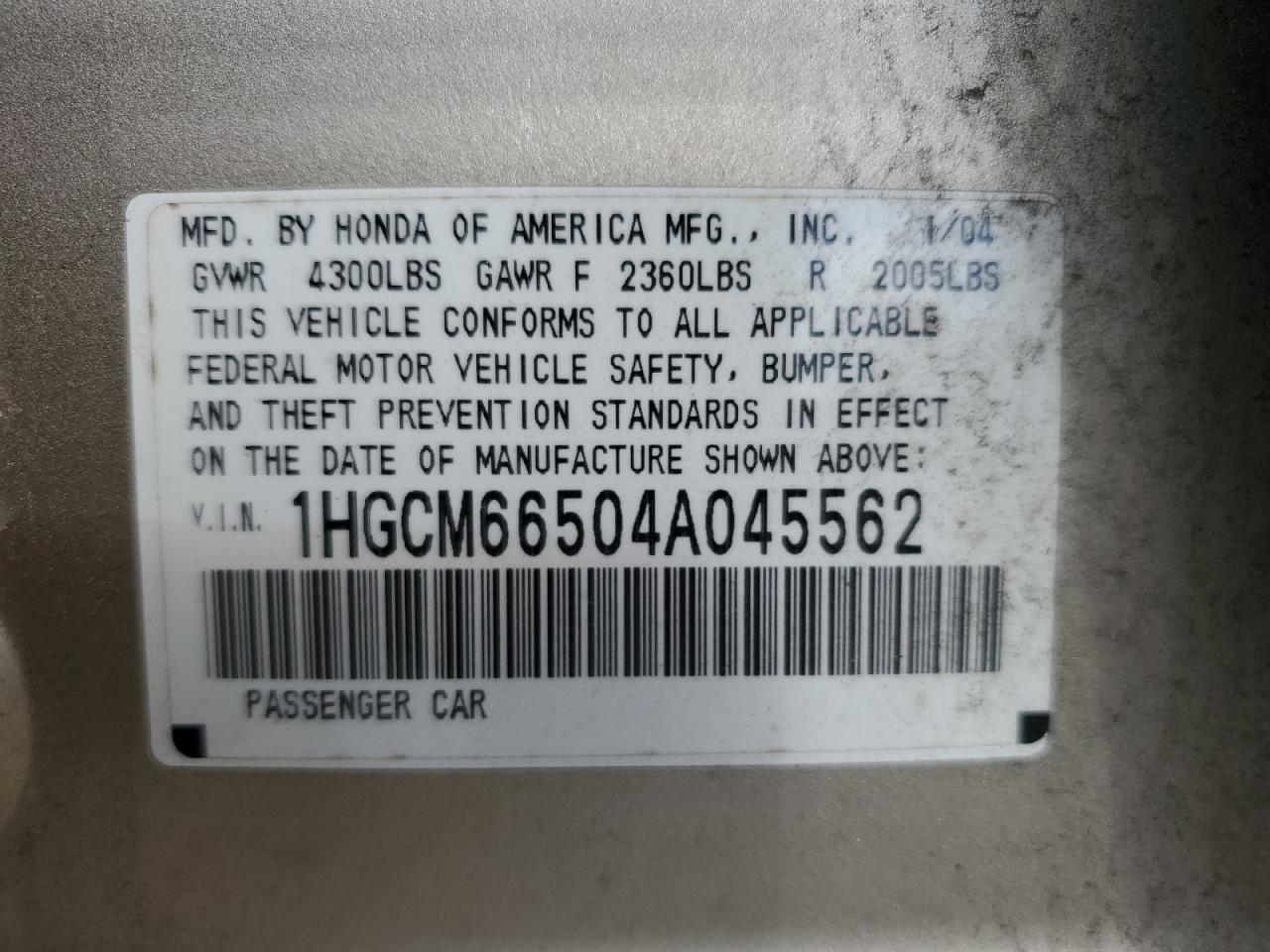 2004 Honda Accord Ex VIN: 1HGCM66504A045562 Lot: 53285244