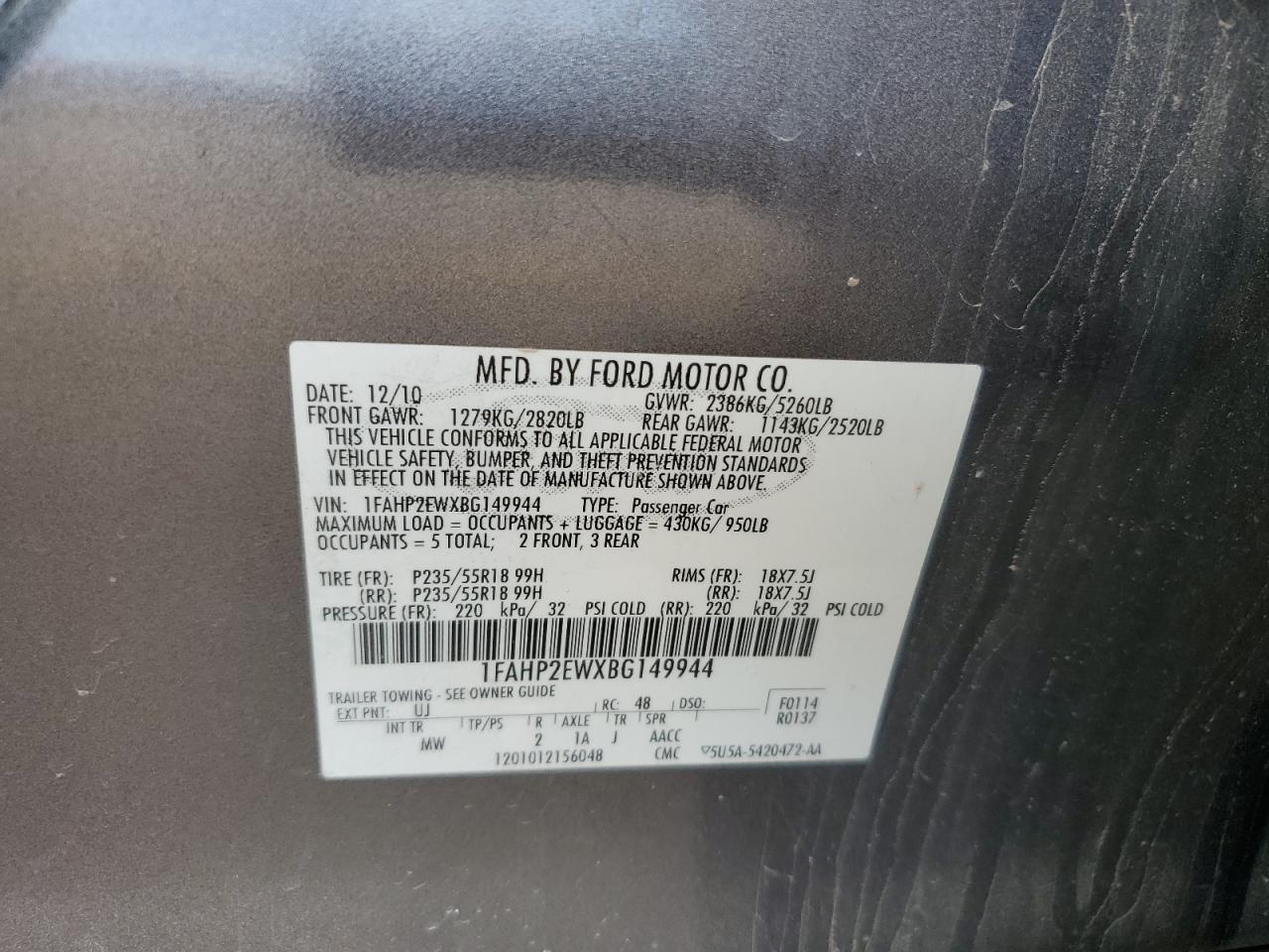 1FAHP2EWXBG149944 2011 Ford Taurus Sel