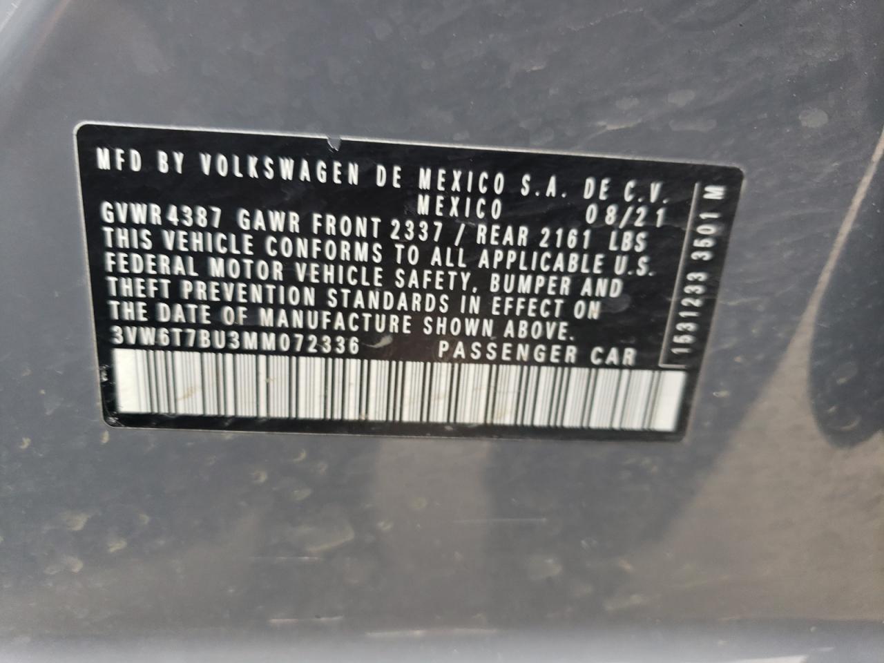 2021 Volkswagen Jetta Gli VIN: 3VW6T7BU3MM072336 Lot: 53244694