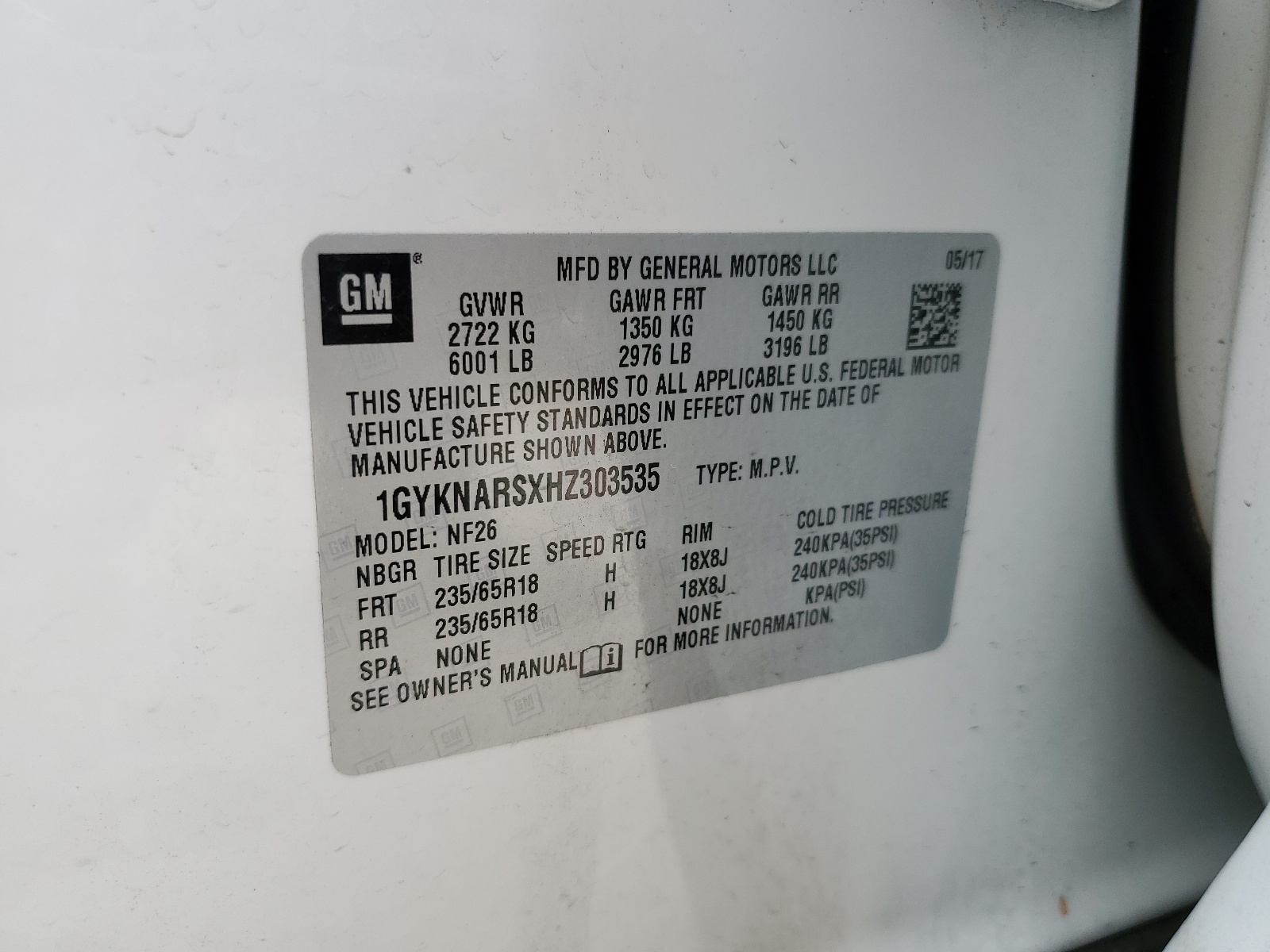 1GYKNARSXHZ303535 2017 Cadillac Xt5