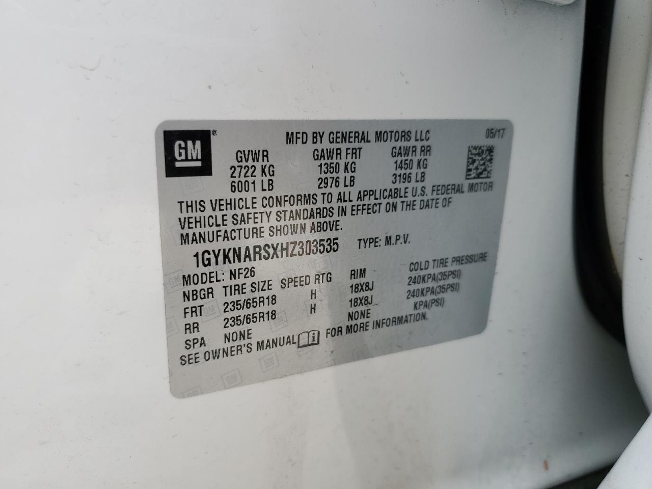 2017 Cadillac Xt5 VIN: 1GYKNARSXHZ303535 Lot: 55551984