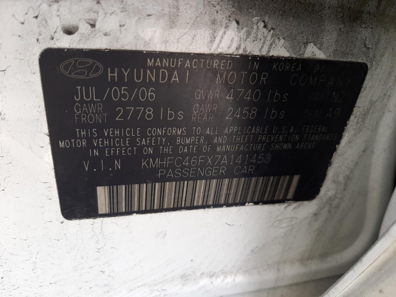 KMHFC46FX7A141453 2007 Hyundai Azera Se