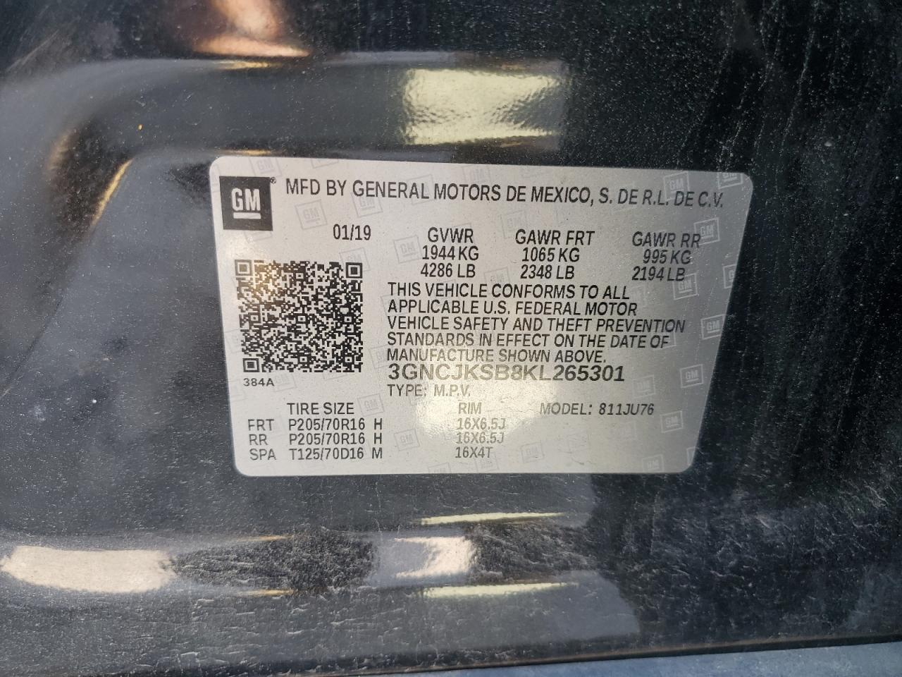 2019 Chevrolet Trax Ls VIN: 3GNCJKSB8KL265301 Lot: 55704064