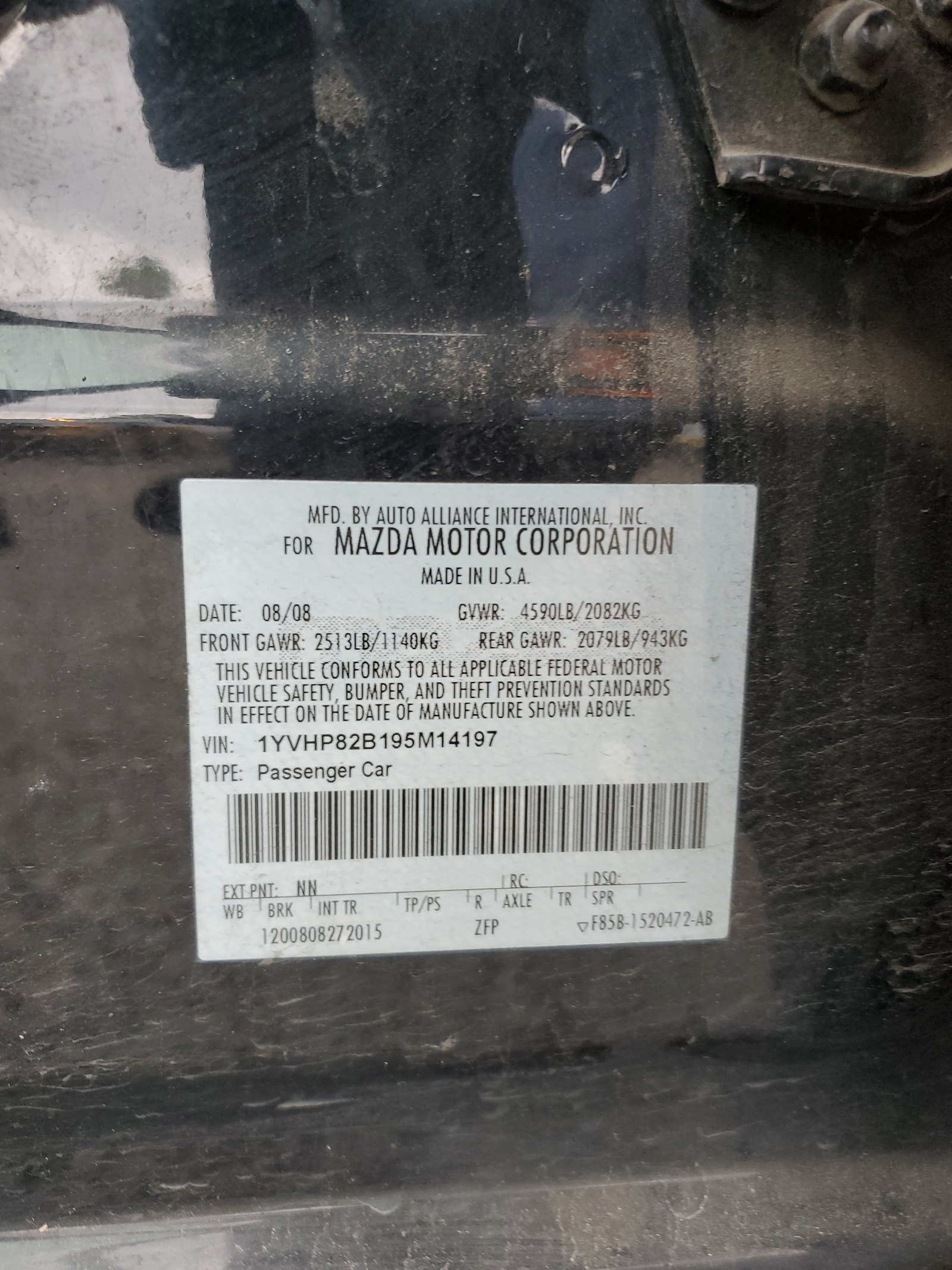 1YVHP82B195M14197 2009 Mazda 6 S