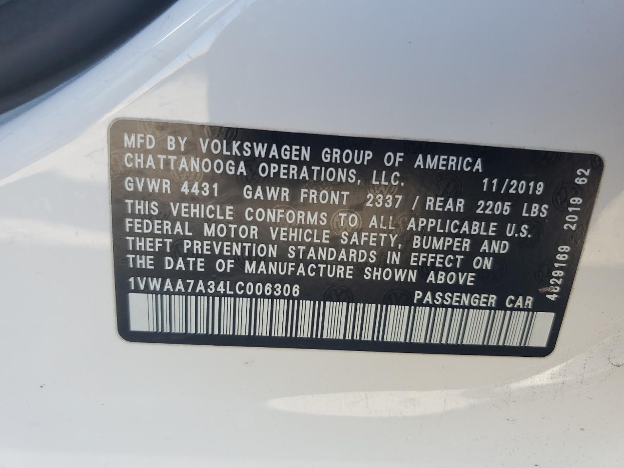 1VWAA7A34LC006306 2020 Volkswagen Passat S