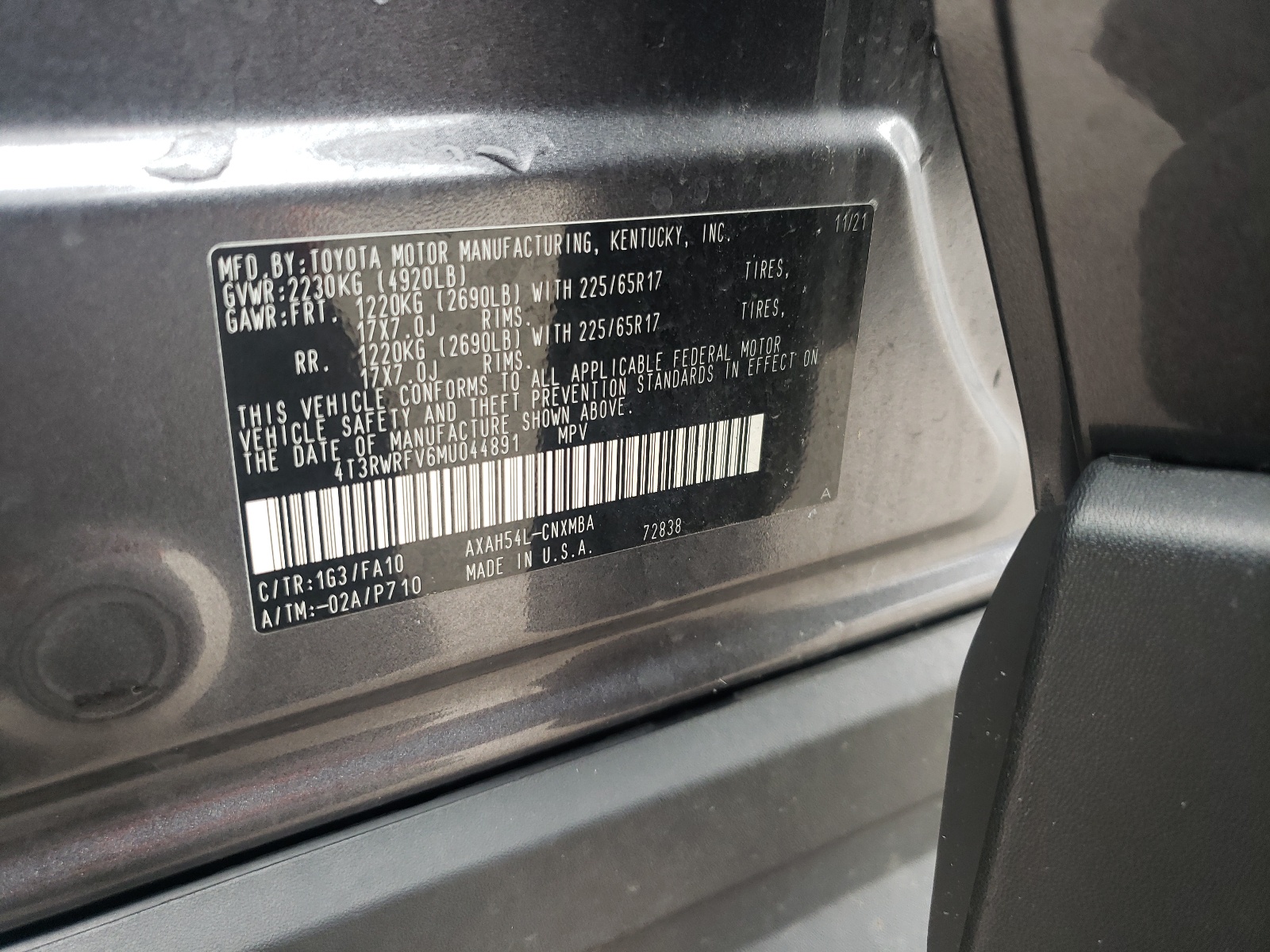 4T3RWRFV6MU044891 2021 Toyota Rav4 Xle