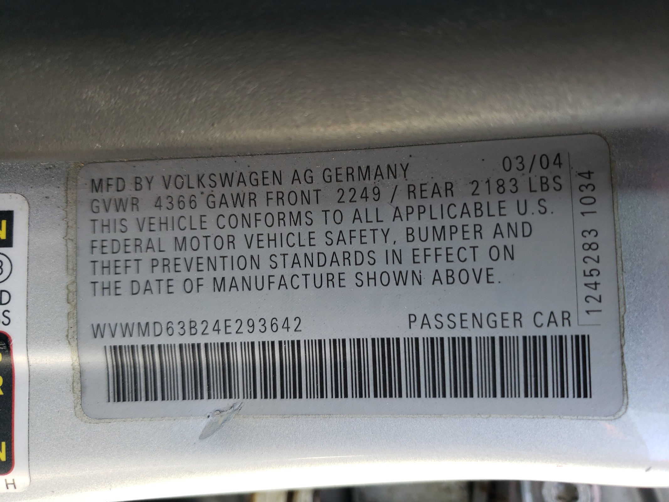 WVWMD63B24E293642 2004 Volkswagen Passat Gl