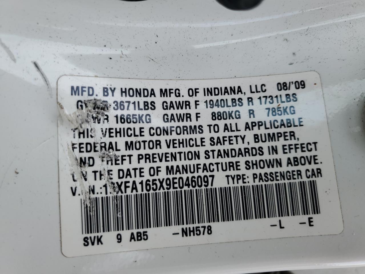 2009 Honda Civic Lx VIN: 19XFA165X9E046097 Lot: 53674054