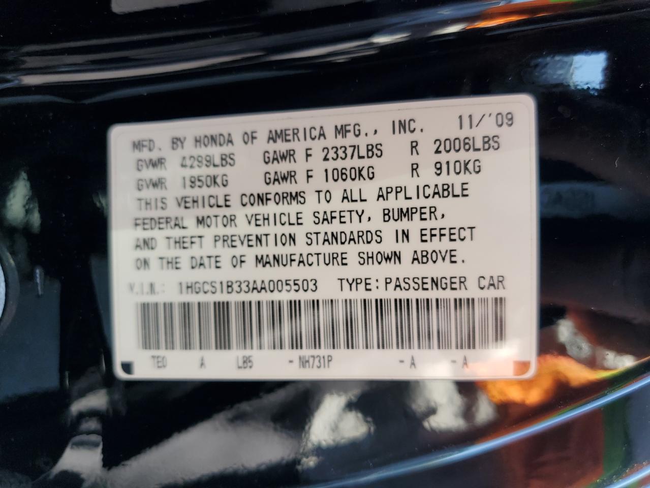 1HGCS1B33AA005503 2010 Honda Accord Lx